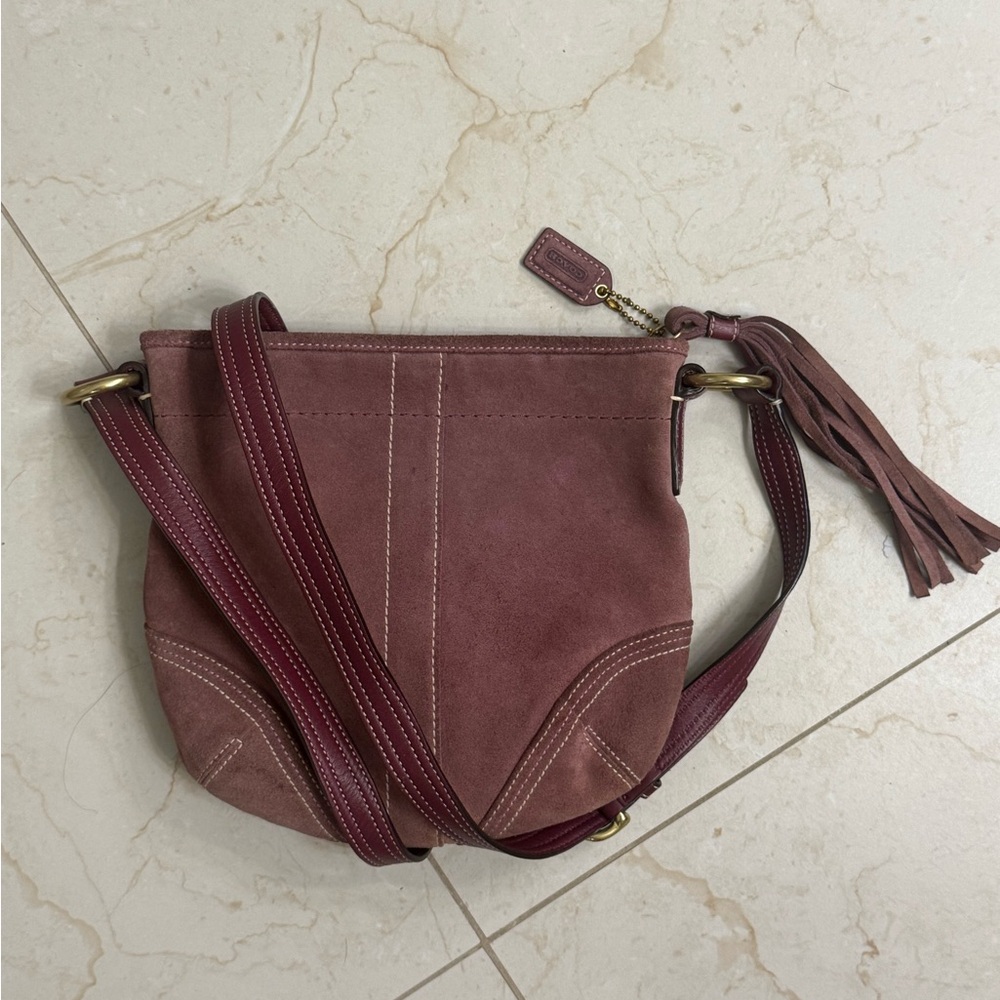 Coach Vintage Rose & aubergine soft suede and leather Hamptons Pouch Crossbody